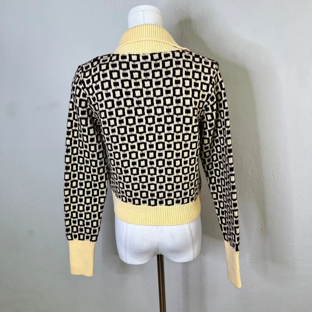 Zara‎ Cardigan Sweater Geometric Collared Size Small Yellow NEW Retro Wool Blend